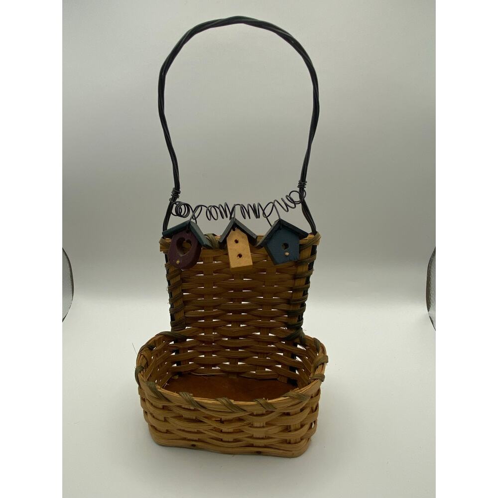 Woven Basket w/ Wire Handle & Mini Birdhouse Charms Farmhouse/Bird Lover Gift